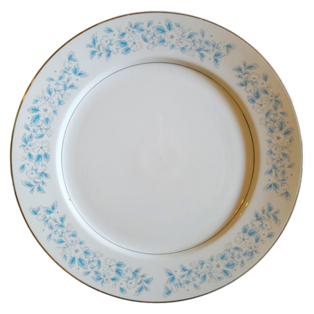 Vtg Spring Formal Montgomery Ward Round Platter Platinum Rim Blue Floral 12.25"